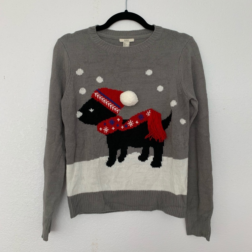 Ugly Christmas sweater dog on gray sweater SMALL